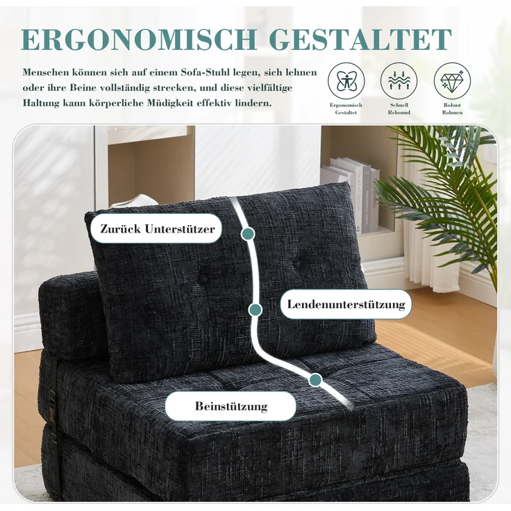 LVHOM Schlafsofa mit Schlaffunktion und Kissen, tragbares Klappsofa mit Rückenlehne, bis 200kg, für Wohnzimmer Büro, Schwarz – Bild 8