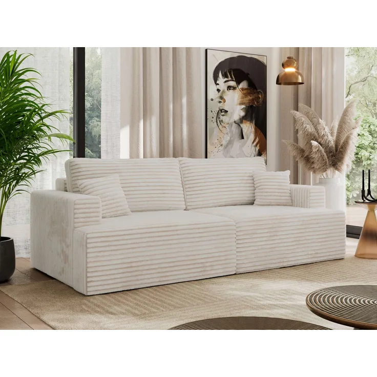 Sofa mit DL-Schlaffunktion, 4-Sitzer Sofa, Bettkasten, 240 x 115 x 88 cm, lose Kissen, Armlehnen - VIRELLA - Beige Cord