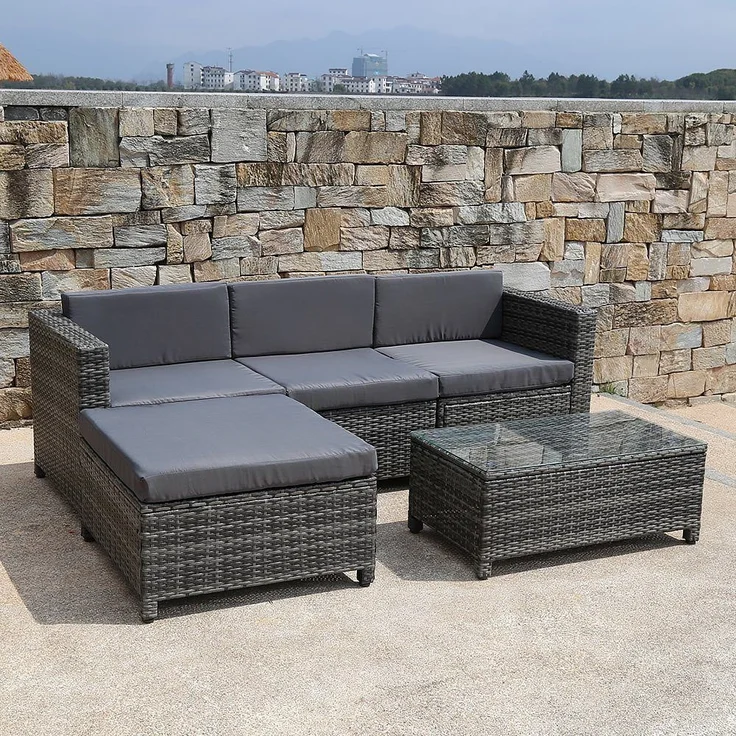 Polyrattan Lounge Gartensofa Set Hocker Tisch Sitzgruppe Grau Rattanmöbel Liege – Bild 8