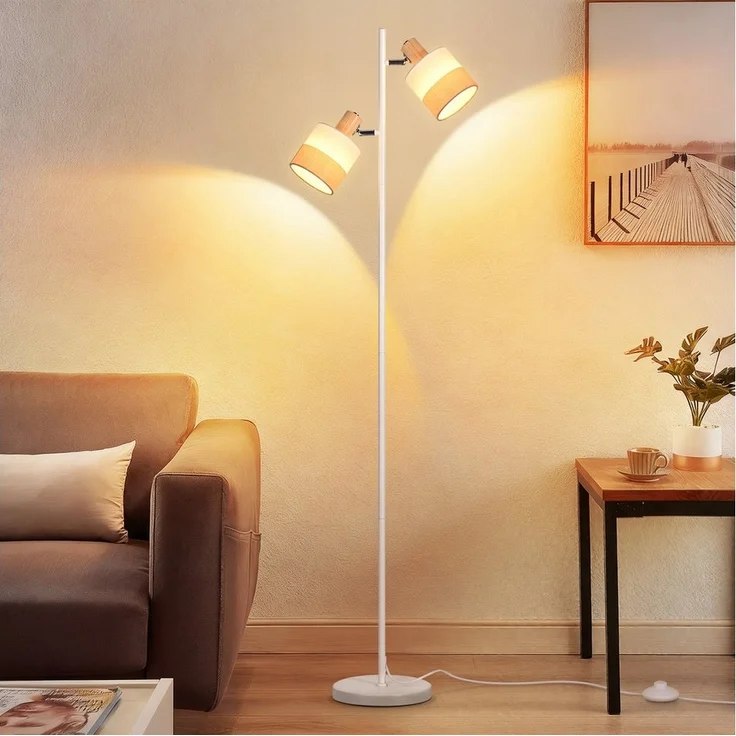 Nettlife Stehlampe Vintage Stehleuchte aus Holz mit 2 E14 Fassungen & Fußschalter, LED wechselbar, für Schlafzimmer (ohne Leuchtmittel) – Bild 5