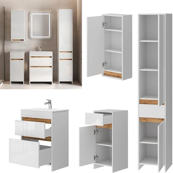 Badmöbel-Set Detmold Weiß Hochglanz/Goldkraft Eiche 5er-Set Vicco – Bild 4