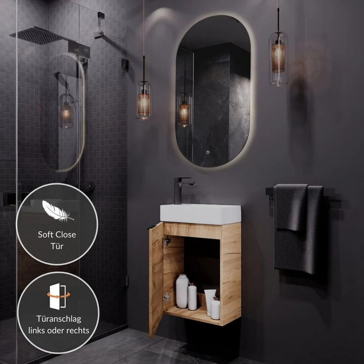 Planetmöbel Badmöbel-Set Badmöbel-Set 40cm mit Spiegel, (Waschbecken mit Unterschrank, 3-St, Spiegel mit Beleuchtung) – Bild 1