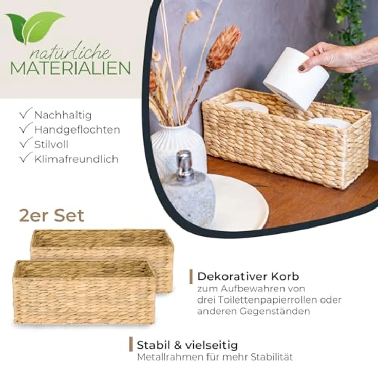 HMF Aufbewahrungskorb Badezimmer Aufbewahrungsbox geflochten aus Wasserhyazinthe (2 St), 38 x 15 x 14 cm, natur – Bild 3
