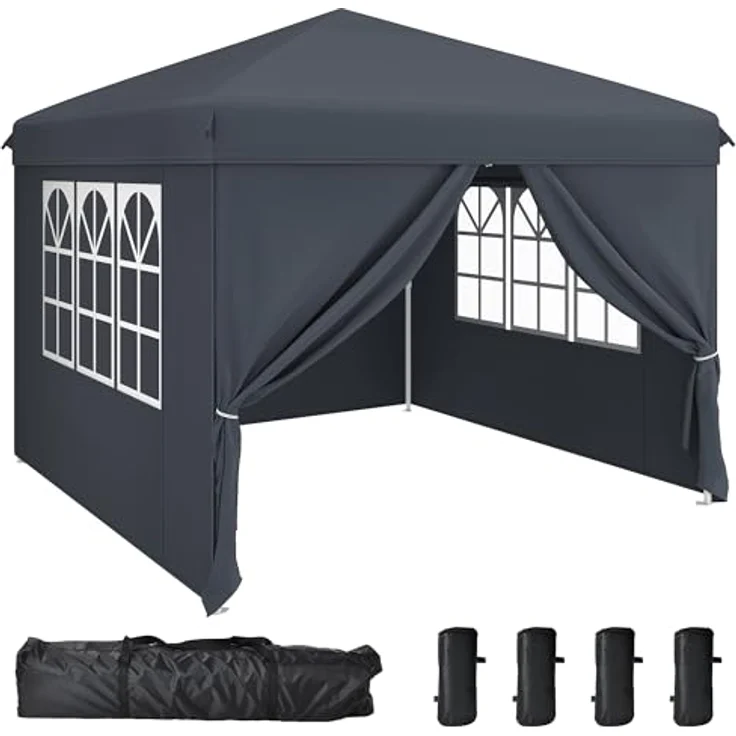 YITAHOME Pavillon mit Seitenwänden, 3x3 m wasserdichte zusammenklappbares Garten Vordach, Ganzjahres Camping Pavillon UV-Schutz mit Heringen,Seil,Tragetasche,Gewichtsbeuteln Veranstaltungen,dunkelgrau – Bild 2
