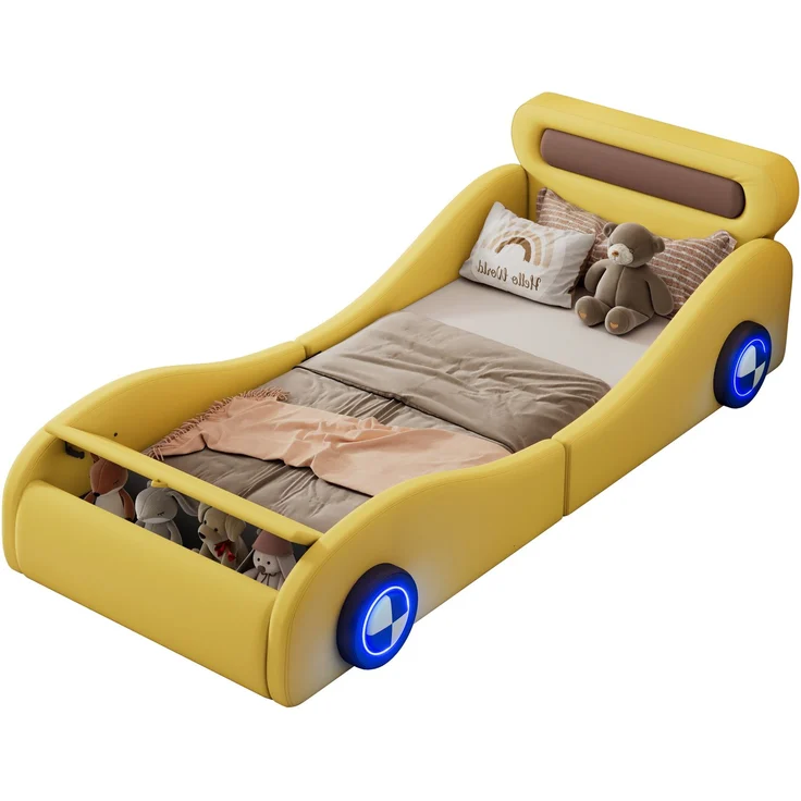 Autobett 90×200 cm mit Rundumschutz, APP-Leuchträdern & Stauraum, Gelb, ohne Matratze – Bild 7