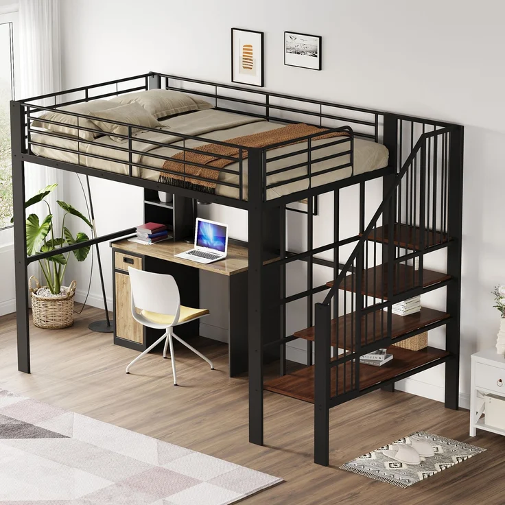 EINHOM Hochbett 140 x 200 cm Stabile Metallkonstruktion mit Geräumigem Stauraum unter dem Bett und Treppe Ideal für Kinder und Erwachsene Stauraumbett für Maximale Platzeffizienz (Ohne Matratze) – Bild 4