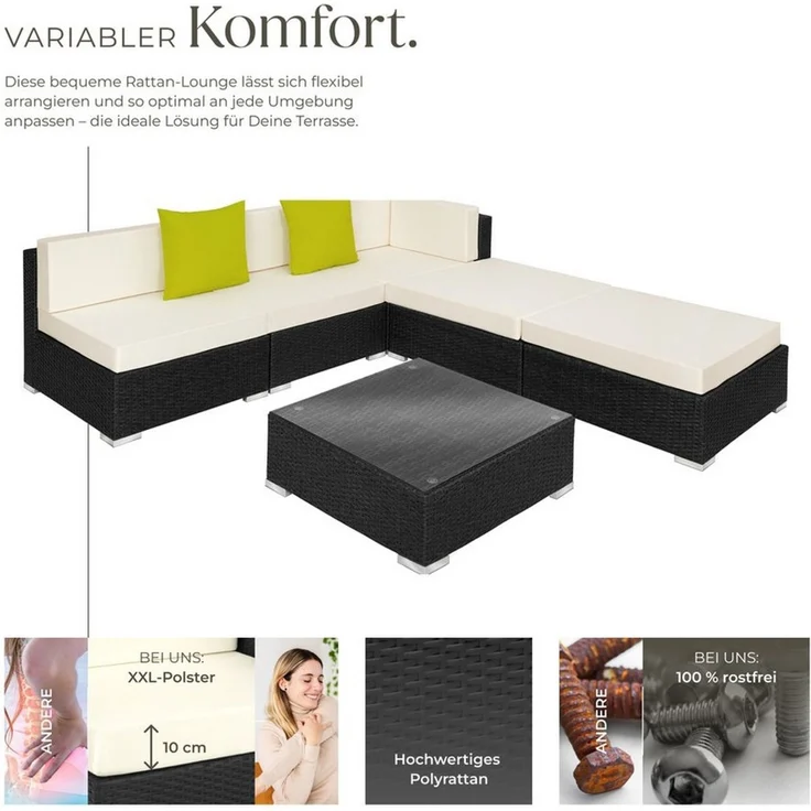 tectake Loungeset Rattan Sitzgruppe mit Sicherheitsglasplatte, 2 extra Kissen, (Gartenlounge-set Paris, 6-tlg, geeignet für Outdoor in Schwarz), wetterfest und UV-beständig, Dicke der Polster 10 cm – Bild 2