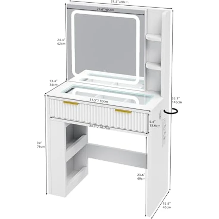 YITAHOME Klein Schminktisch mit Verstellbarer LED-Beleuchtung und Steckdosen, Frisiertisch für das Schlafzimmer, Make-up-Tisch mit transparenter Glasplatte, weiß, 80 x 40 x 140 cm – Bild 2