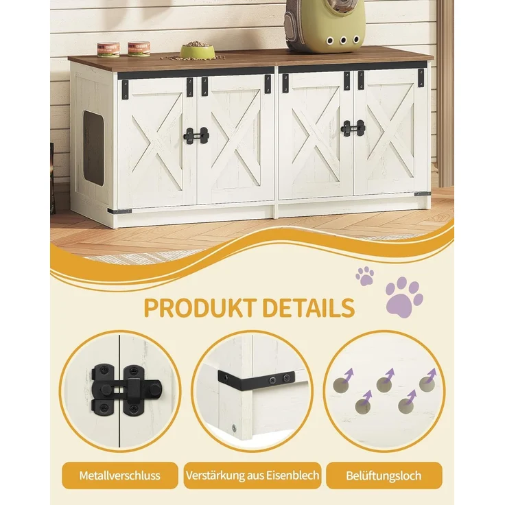 Katzenschrank, Katzenklo Schrank für 2 Katzen, Versteckter Katzentoilettenschrank, Katzenhaus für den Innenbereich, Bauernhausstil, 119 x 48 x 53,5 cm, Braun und Weiß – Bild 4