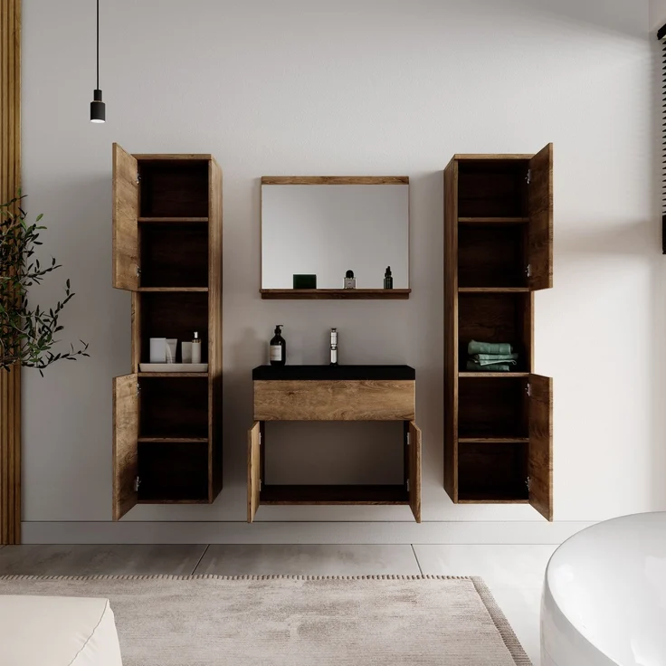 Badplaats Badmöbel Komplettset Montreal XL 60x35 cm Braun Eiche - Badezimmermöbel mit Schwarze Waschbecken, Spiegel und 2 Badezimmerschränke – Bild 4