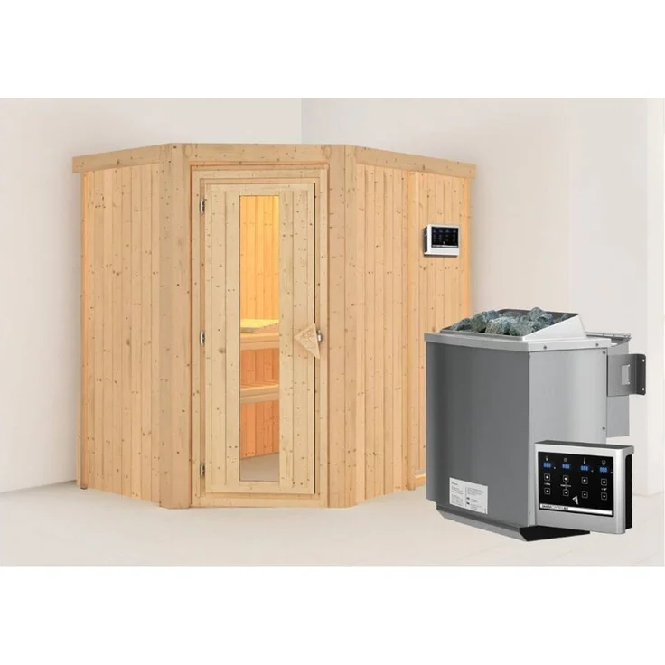 Karibu Sauna Carin + 9kW BIO-Kombiofen mit ext. Steuerung Easy Klarglas Ganzglastür – Bild 1