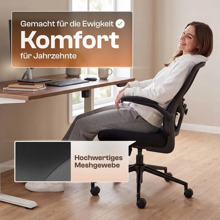 LUTIVO Delta, ergonomischer Bürostuhl ohne Kopfstütze, atmungsaktiver Mesh Stoff, Schreibtischstuhl schwarz – Bild 5
