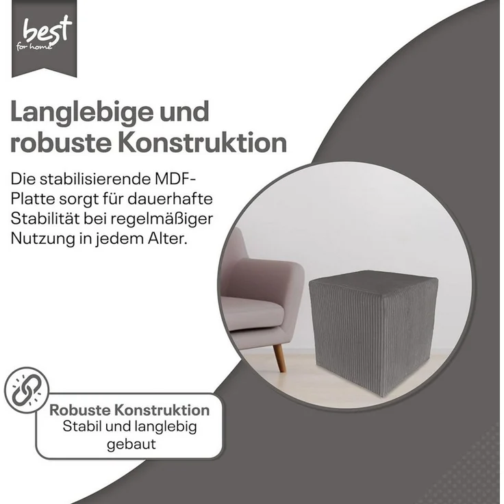 Best for Home Sitzwürfel Pouf Hocker – Samt, Fußhocker & Sitzpuff (Sitzwürfel / Pouf Hocker, 1 St, 1x Sitzwürfel / Pouf Hocker), multifunktional, Dekoelement, kompakt, weich gepolstert – Bild 3