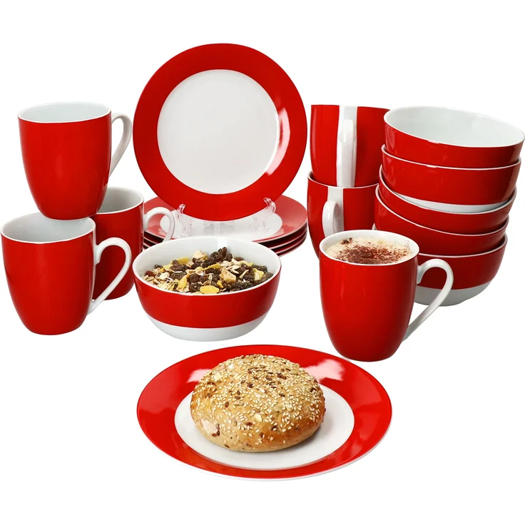 18tlg Frühstücksset Variant Rot Porzellan 6 Personen Teller Schale Becher – Bild 1