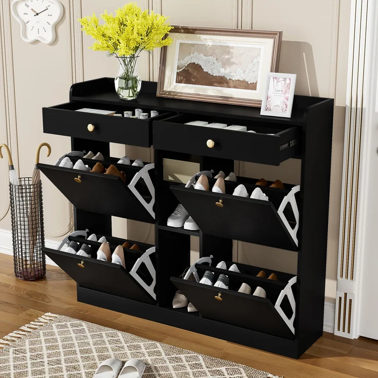ZUBALIYA Schuhschrank (110 x 26 x 100 cm), 4 Klappfächer und 2 Schubladen, Offener Stauraum, Stauraum für Flur und Eingangsbereich, Schwarz – Bild 5