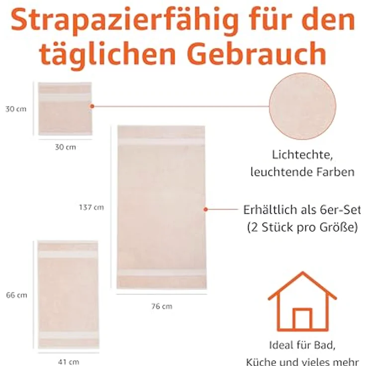 Amazon Basics Handtücher Set 6-teilig, 100% Bio-Baumwolle, ausbleichbeständig, weich, Blush Rosa, mit 2 Badetüchern, 2 Handtüchern und 2 Waschlappen – Bild 3