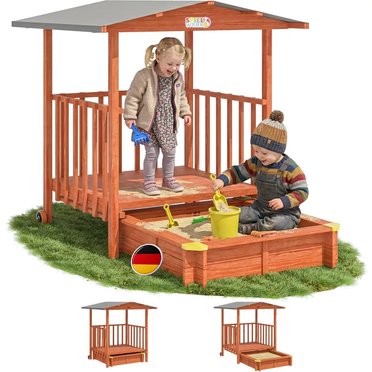 Spielwerk Sandkasten 'Merle' mit Dach und Veranda, Fichtenholz braun, 130 x 225 x 143 cm