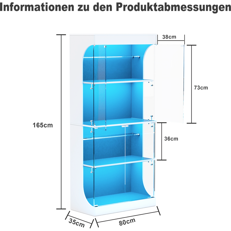 Glasvitrine 80 x 35 x 165 cm mit LED-Beleuchtung, Glastüren und Ladestation in Weiß – Bild 5