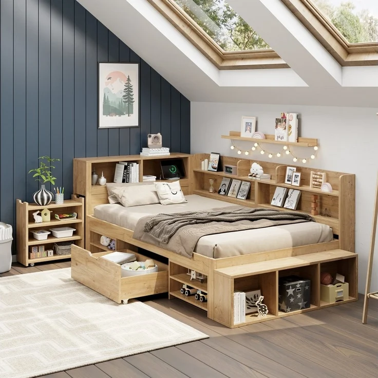 STILVORA Holzbett 90x200 mit Schublade,Jugendbett Stauraumbett mit Lattenrost,Natur (Stauraumbett, Kinderbett, 1-tlg, 90*200 cm, ohne Matratze), mit ausziehbarer Nachttisch Schubladen, Regal und Stauschrank – Bild 5