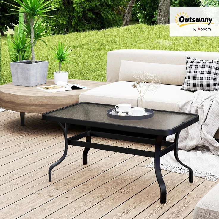 Outsunny Beistelltisch Hartglas, mit Wellendesign, Abgerundete Ecke (Kaffeetisch, 1-St, Rechteckiger Couchtisch), Gartenmöbel für Wohnzimmer, Garten, Terrasse, Balkon – Bild 2
