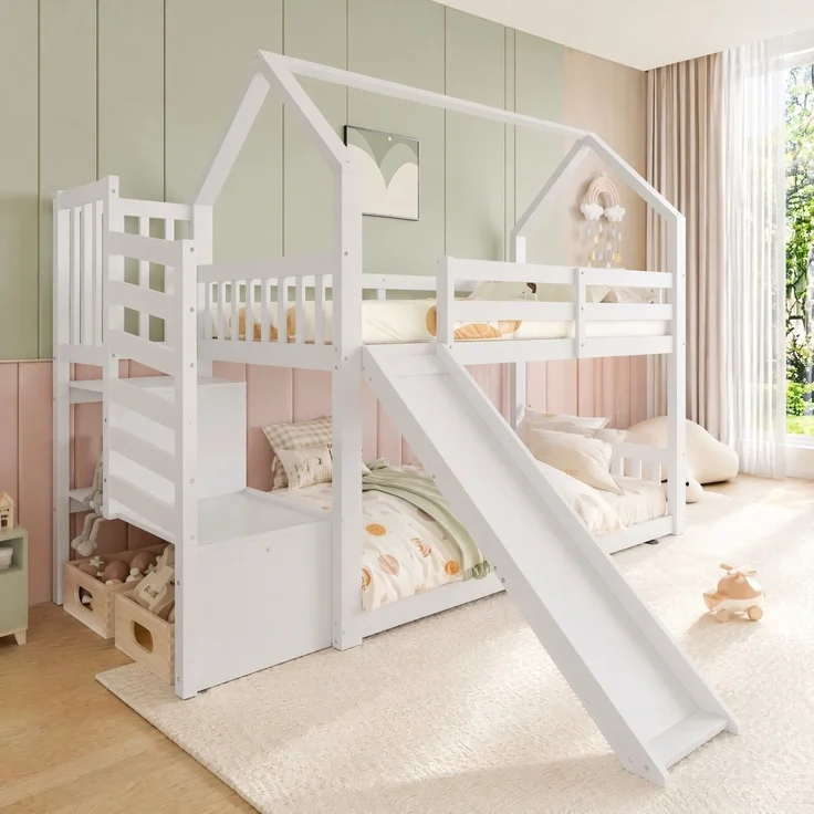 CHICFURN Etagenbett aus Kiefernholz und MDF Weiß 90x200 cm mit Stauraumtreppe und Rutsche – Bild 8