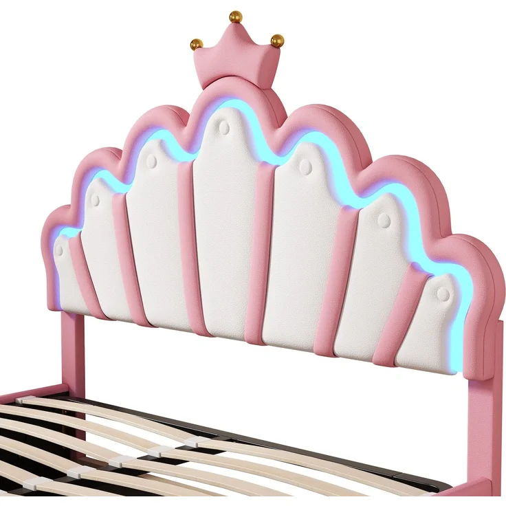 Prinzessinbett mit Lattenrost und LED-Beleuchtung, 140x200 cm, Mädchenbett, Polsterbett für Mädchen, Stauraumbet, Kunstleder – Bild 9