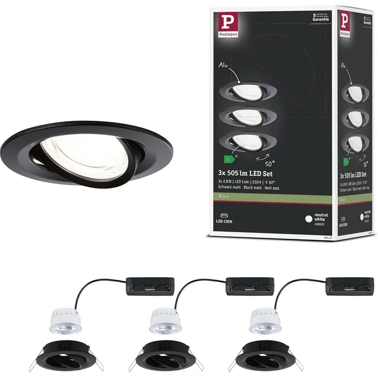 Paulmann 92457 LED Einbauleuchte Nova Coin 3er-Set rund 4000K Schwarz