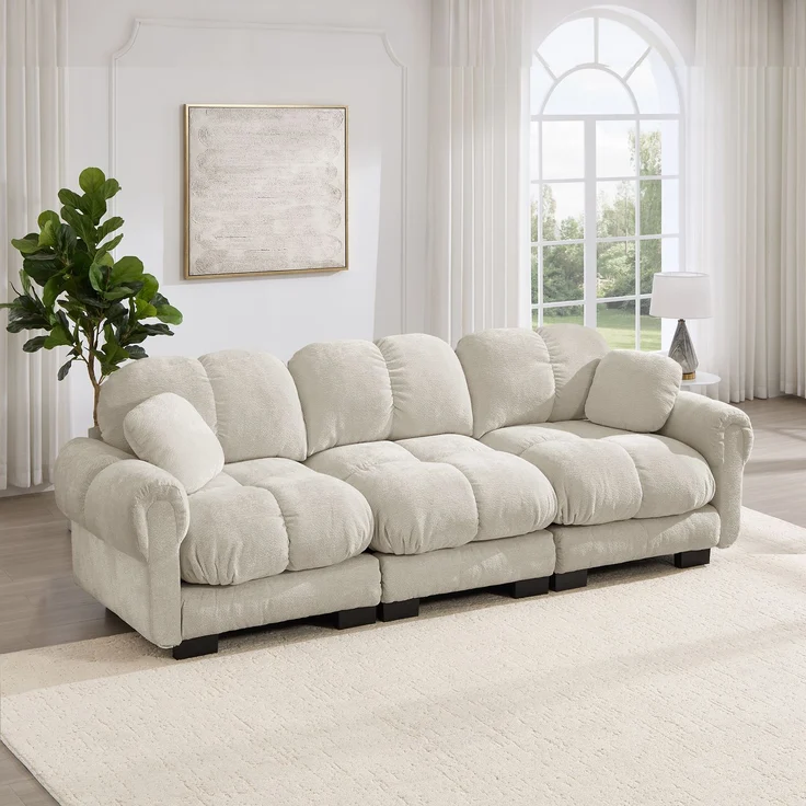 EINHOM 3-Sitzer Cloud-Sofa, inklusive 2 kleinen Dekokissen, Feines Steppdesign, Dicke Sitzkissen, Weich und Stützend, Ergonomisch geformte Rückenlehne, Einfach Aufzubauen, geeignet für das Wohnzimmer, Hellkhaki – Bild 3
