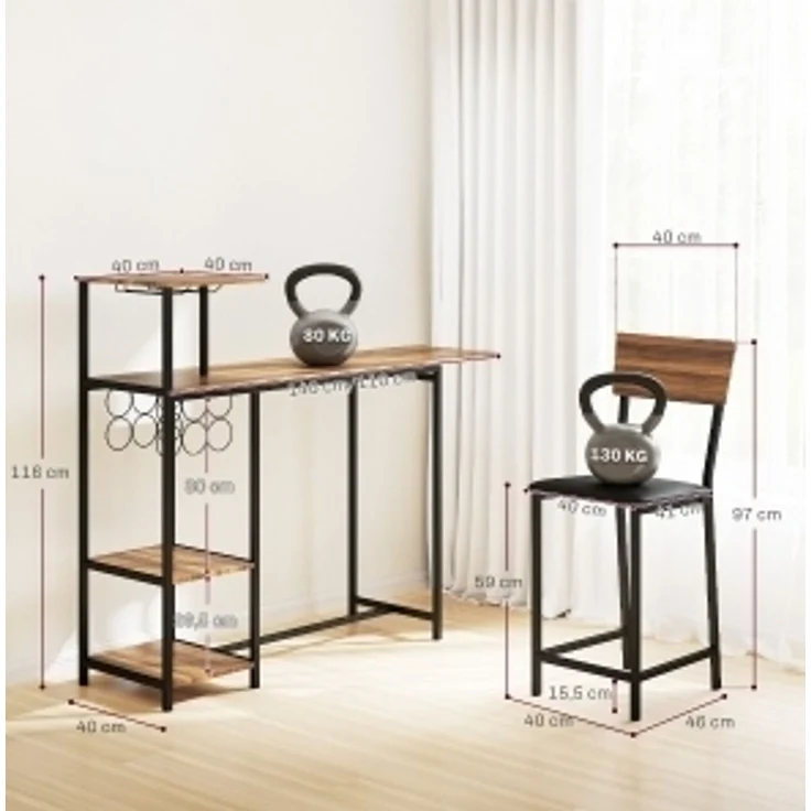 Bartisch-Set 110x40 cm, ausziehbar auf 140x40 cm – mit Weinablage und 2 Barhockern – Bild 4