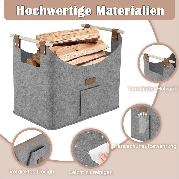 FIVMEN Kaminholzkorb 2-er Set XXL Faltbarer Brennholzkorb Filzkorb extra dicker Filz – Bild 2