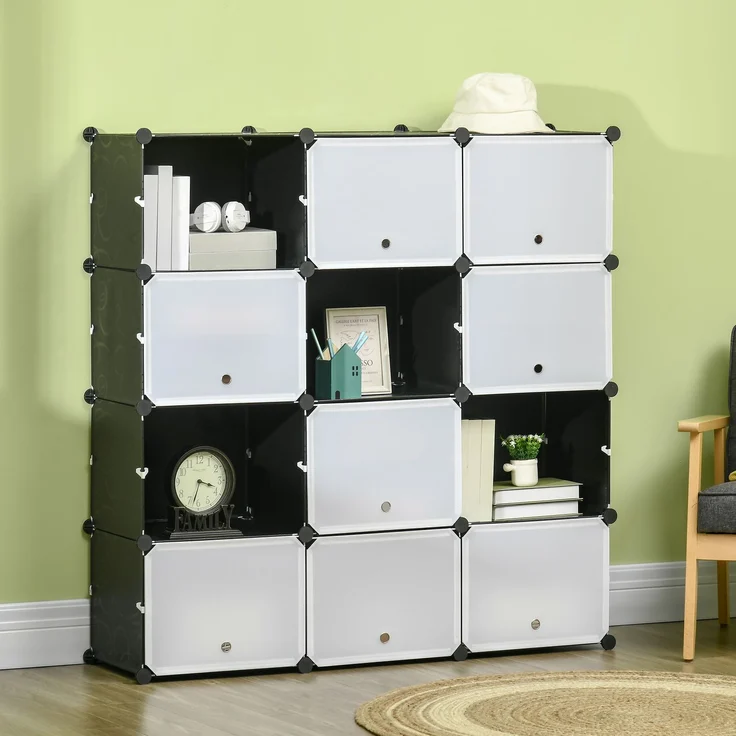 Modulares Regalsystem, Steckregal, zusammensetzbar aus 12 Würfeln 125 x 32 x 125 cm, Kunststoff+Stahl Schwarz--Schwarz+Weiß--125x32x125cm--YOUDENOVA – Bild 4