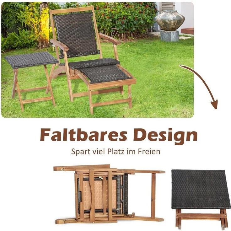 COSTWAY Gartenliege, klappbar, rattan mit Tisch&Fußstütze, 5-fach verstellbar – Bild 2