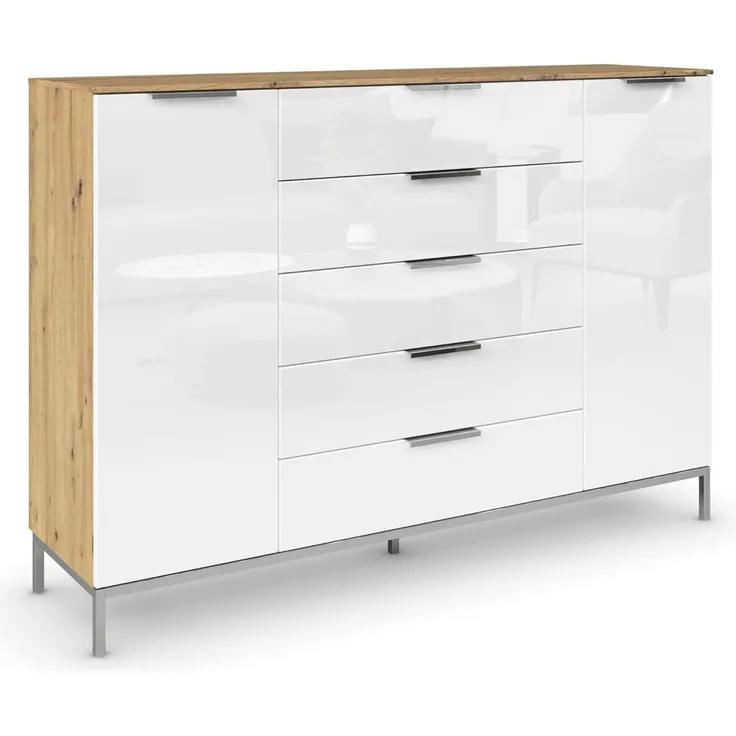 Rauch Möbel Flipp, Kommode mit Stauraum für Wohnzimmer, Schlafzimmer, 4 Fachböden, mit Metallkufe chrom, Eiche Artisan/Glasfront Weiß,2-türig,Glastüren,5 Schubkästen, Griffe chrom, 160 x 111 x 42 cm