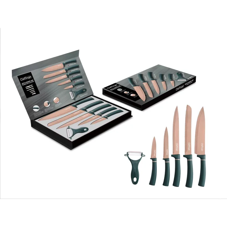 6 teiliges Messerset Grün Gold Edtition (5 Messer & 1 Sparschäler) Edelstahl in Klappbox mit Magnetverschluss scharfe Messerklingen Küchenmesser Chefmesser Pizzamesser Motiv 1