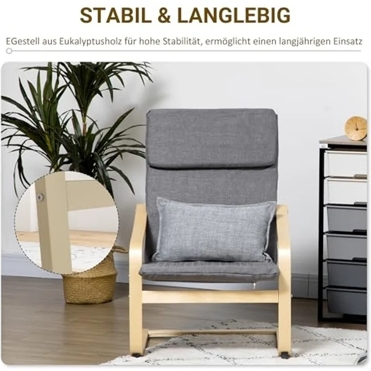 HOMCOM Relaxsessel, Ruhesessel, Relaxstuhl mit Leinenoptik, Schwingstuhl, Esszimmerstuhl mit Kopfkissen für Wohnzimmer, Birkenholz 66,5 x 80 x 99 cm, Dunkelgrau – Bild 4