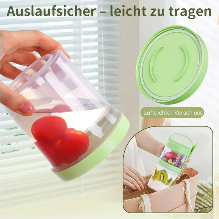 Elegear Müslibox Müslibecher to Go, Joghurtbecher, Doppelschicht Müslibecher mit Löffel, Polypropylen, (2-tlg, 1 × Löffel, 1 × Müslibecher(560+360ml), Lunchtopf für Müsli, Mikrowellen- und Spülmaschinenfest, Grün – Bild 4