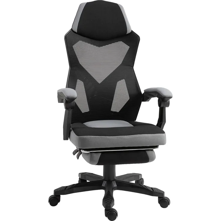 Vinsetto Bürostuhl, Gaming-Stuhl, höhenverstellbar, Rückenlehne, Drehrollen, Fußstütze, Netzstoff, 58 x 63 x 112-122 cm, Grau/Schwarz