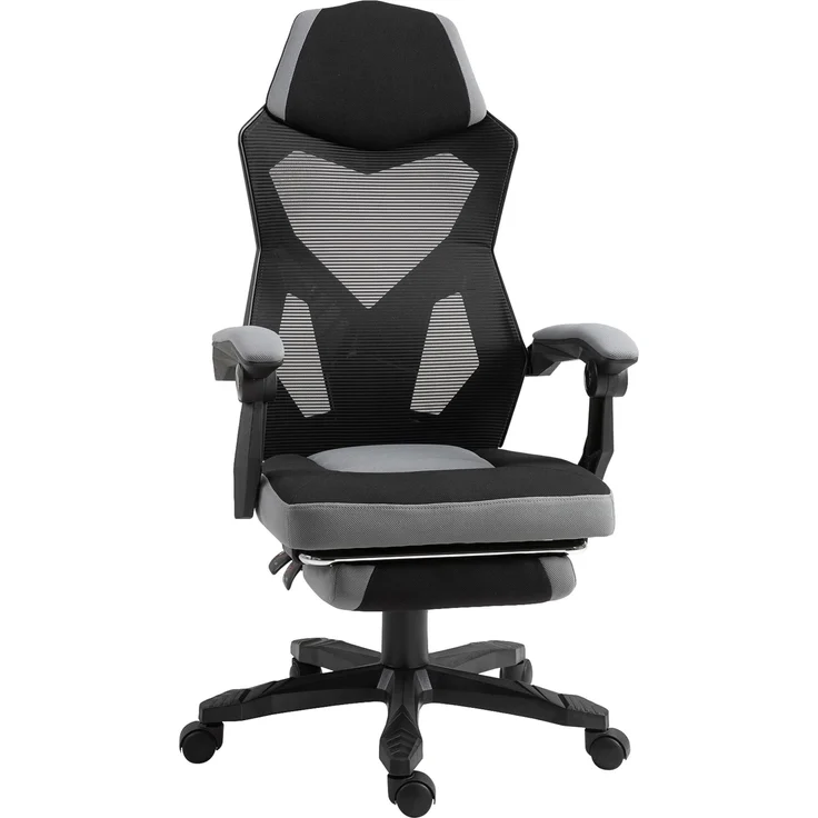 Vinsetto Bürostuhl, Gaming-Stuhl, höhenverstellbar, Rückenlehne, Drehrollen, Fußstütze, Netzstoff, 58 x 63 x 112-122 cm, Grau/Schwarz