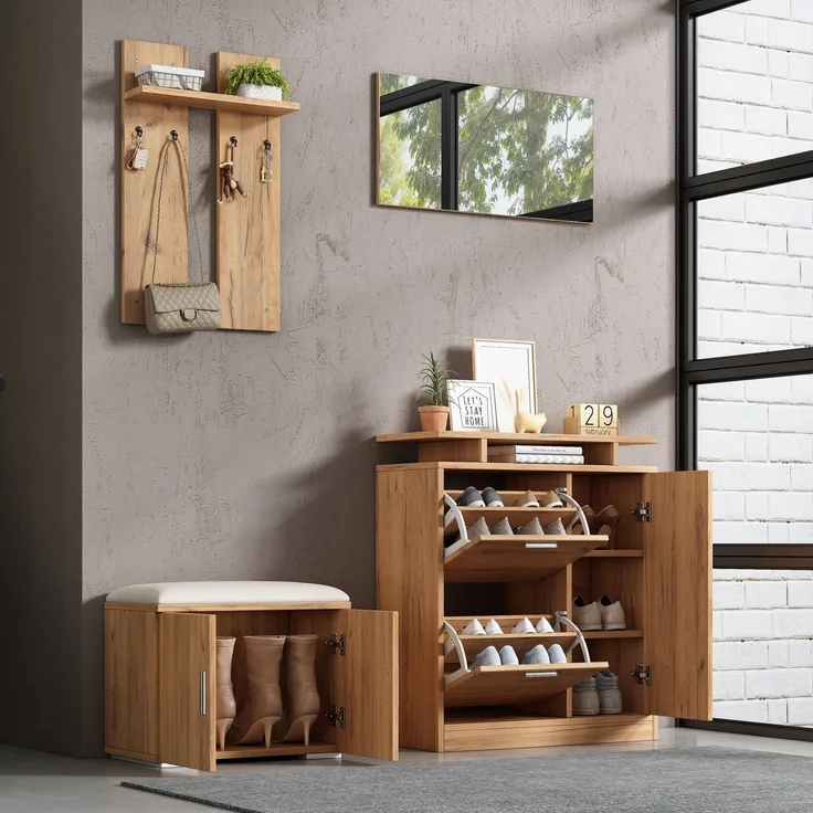 Flur-Garderoben-Set, Wandgarderobe; Garderoben-Set mit Schuhbank und Schuhschrank, 1 Spiegel, 4 Haken, 5 Türen, natural, B140× T35 × H133 cm