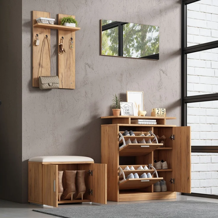 Flur-Garderoben-Set, Wandgarderobe; Garderoben-Set mit Schuhbank und Schuhschrank, 1 Spiegel, 4 Haken, 5 Türen, natural, B140× T35 × H133 cm – Bild 1