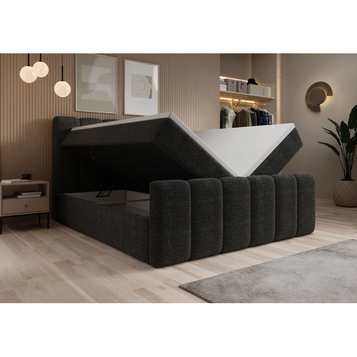 thematys Boxbett mit Bettkasten 180x200cm, mit Bonnellfederkernmatratze H3, Bouclé/Velours, mit Stauraum, mit 3 cm Topper, Dunkelgrau (Fredo 40) – Bild 4