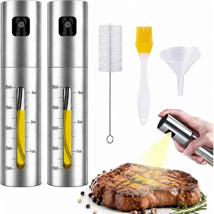 ibettertec Ölspender Edelstahl Ölspender 2er Set 100ml, Öl Sprüher mit Messskala, (Hochwertiger Ölzerstäuber aus Edelstahl, rostfrei und langlebig, 2-tlg, für Küche, BBQ, Backen und Salate), mit 1 Ölpinsel, 1 Trichter und 1 Reinigungsbürste, für Öl