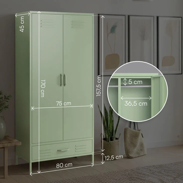 skølm 'Atria' Kleiderschrank mit Schublade, Metall, 170x45x80 cm, grün, Garderobe mit 4 Fächern und 2 Kleiderstangen – Bild 7