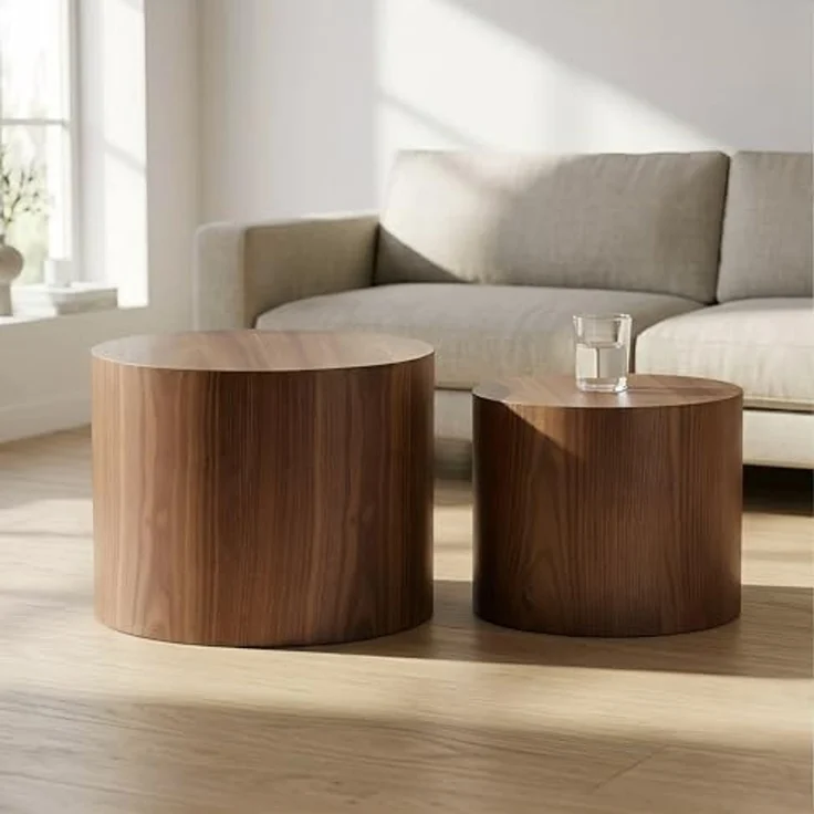 Set of 2 Nesting Round End Tables, Modern Walnut Veneer Cylinder Side Tables, Stackable Accent Coffee Tables for Living Room, Bedroom, Small Space – Bild 6