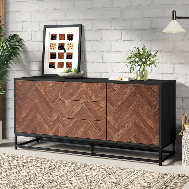 Sideboard Metallgestell mit 3 Schubladen & 2 Schranktüren 145x40x67 cm Eiche+Schwarz – Bild 2