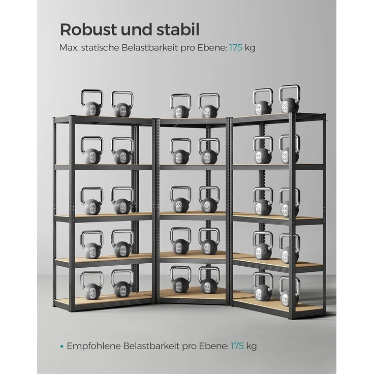SONGMICS Eckregal-Set 5 Ebenen, Schwerlastregal, Metall, Lagerregal für Garage, Abstellraum, Kellerregal, bis 2625 kg belastbar, tintenschwarz-naturbeige GLR070B03 – Bild 7