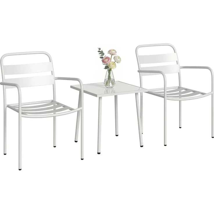 3-teiliges Bistrò-Set: Glastisch und 2 Stühle, weiße Gartenmöbel.