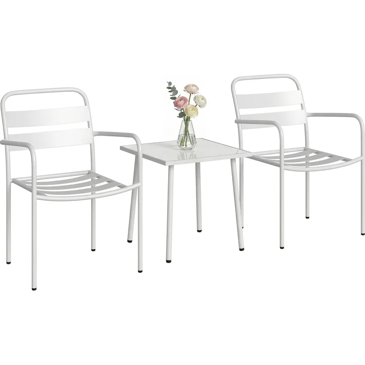 3-teiliges Bistrò-Set: Glastisch und 2 Stühle, weiße Gartenmöbel. – Bild 1