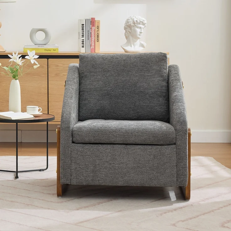 Chenille-Grau Loungesessel mit Holzarmlehnen, ergonomischem Design, kompakter Größe & hoher Belastbarkeit – Bild 3