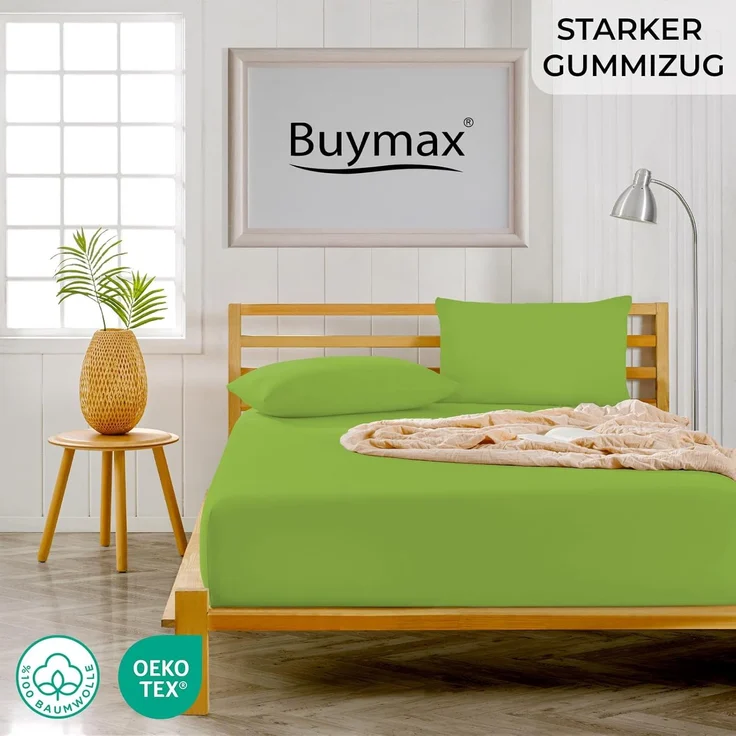 Buymax® Spannbettlaken 80x200 cm Doppelpack 100% Baumwolle Spannbetttuch Bettlaken Jersey, Matratzenhöhe bis 25 cm, Farbe Apfelgrün – Bild 2